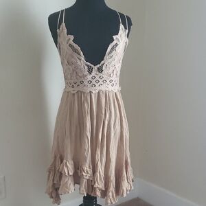 Free People Lace Detail Mini Dress in Tan